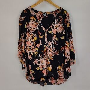 Torrid Blouse Size 3X Black Floral Top Button Sleeves V Neck Semi Sheer